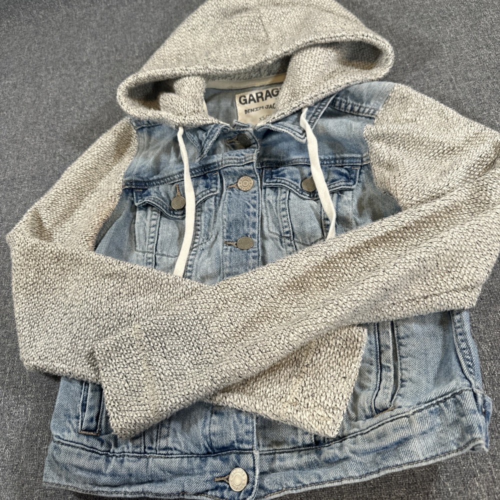 Garage Hooded Denim Jacket Womens XS Knit Sleeve Jean Trucker Coat Blue